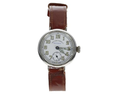 West End Watch Co. Secundus nickel cased wire-lug wristwatch, enamel dial with green luminous Arabic numerals, minute track a