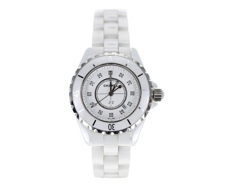 Chanel J12 white ceramic lady's wristwatch, reference no. H1628, serial no. Z.G.N.18xxx, circa 2017, white dial with diamond 