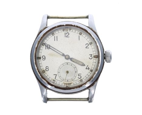 WWII British Army ATP issue stainless steel wristwatch, silvered dial with Arabic numerals, minute track and subsidiary secon
