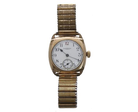American Waltham cushion cased gold plated gentleman's wristwatch for repair, circa 1931, circular enamel dial with Arabic nu