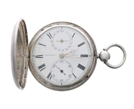 George IV silver calendar fusee lever hunter pocket watch, Chester 1829, gilt frosted half plate movement signed Rob't Roskel