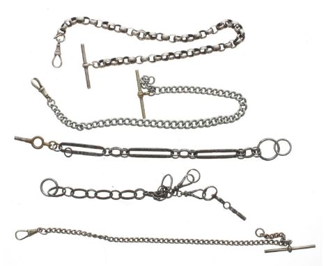 Steel loop watch chain with two clasps and crank winding key; together with a steel Figaro link watch chain with key; curb wa