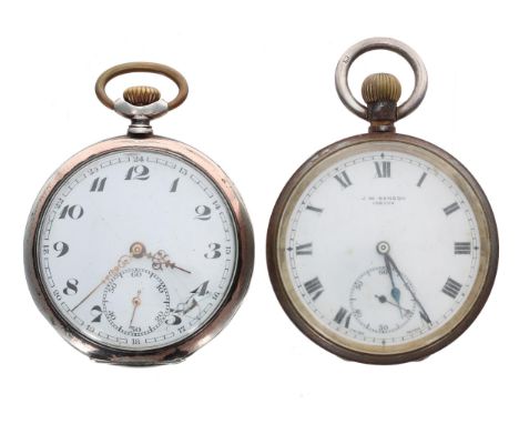 Continental silver (0.800) lever pocket watch, unsigned gilt movement, hinged metal cuvette, Arabic numeral dial, engine turn