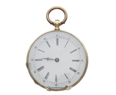 Swiss 14ct cylinder fob watch, gilt frosted bar movement, inscribed metal cuvette, the dial with Roman numerals and outer min