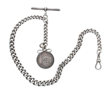 Silver graduated curb watch Albert chain, with silver T-bar and clasp and one shilling fob, 49gm, 14.5'' long approx