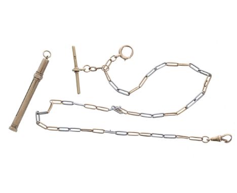 Fancy 18ct bicolour watch Albert chain,&nbsp;13.6gm, 15.5" long; with a gold toothpick pendant, 3.9gm, 57mm (2)