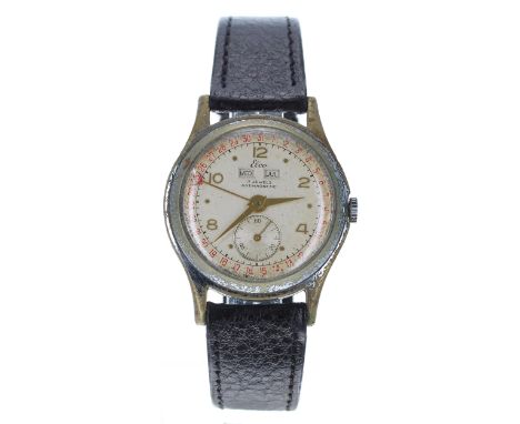 Elco triple calendar nickel and stainless steel gentleman's wristwatch, silvered dial with gilt Arabic numerals and dot hour 