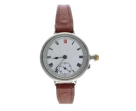 Silver WWI period Borgel cased wire-lug gentleman's wristwatch, import hallmarks London 1914, circular enamel dial with Arabi