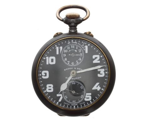 Zenith gunmetal alarm travel pocket watch retailed by Brook & Son, Edinburgh, signed gilt-frosted movement with a lever escap