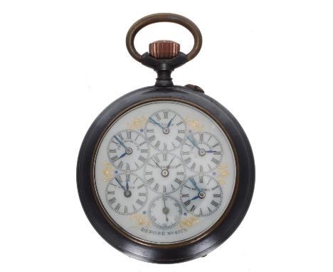 Continental World Time gunmetal lever pocket watch, gilt frosted bar movement with compensated balance and regulator, hinged 