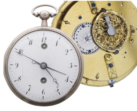 Swiss early 19th century white metal alarm verge pocket watch, unsigned gilt movement with pierced balance bridge and silvere