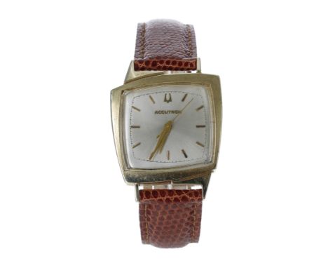 Bulova Accutron 14ct asymmetrical gentleman's wristwatch, case no. 137xxx, circa 1960, square silvered dial with gilt applied