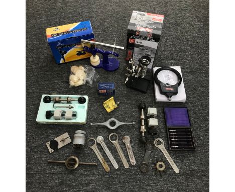 Assortment of watchmakers tools to include a Bergeon crystal lift, no. 4266; selection of case opening tools including a Role