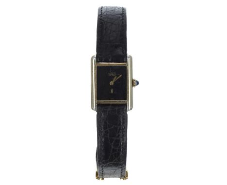 Must de Cartier Tank silver-gilt manual wind lady's wristwatch, case no. 3 063xxx, black dial, cabouchon sapphire crown, manu