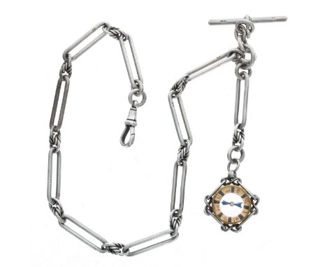 Silver Figaro link watch Albert chain, with silver T-bar, clasp and compass fob, 47.7gm, 16.75'' long 