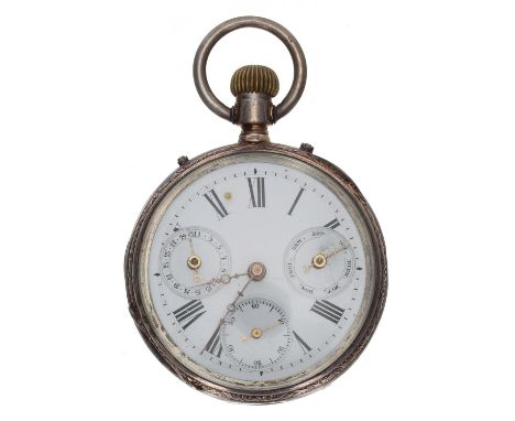 Continental white metal cylinder calendar pocket watch, unsigned movement, inscribed hinged cuvette, the dial with Roman nume