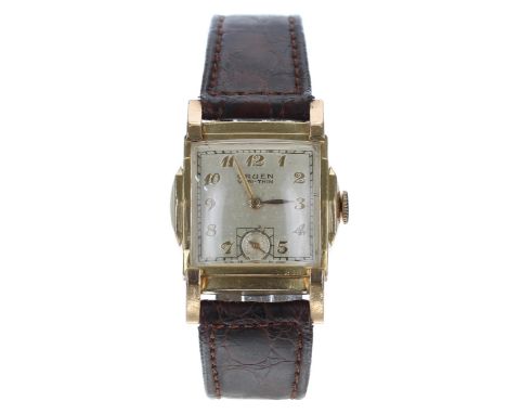 Gruen Veri-Thin curved gold plated and stainless steel gentleman's wristwatch, circa 1948, the square silvered dial with appl