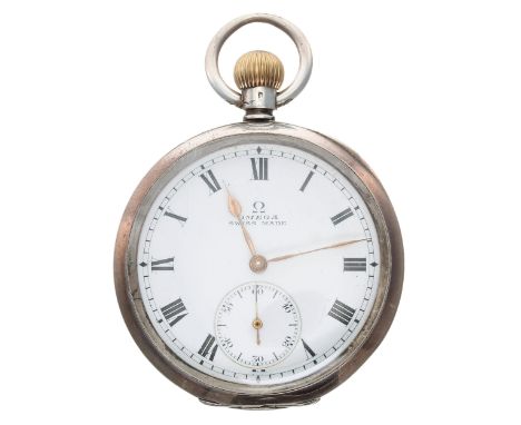 Omega silver (0.925) lever pocket watch, signed movement, no. 4417193, signed hinged cuvette, signed dial, signed engine turn