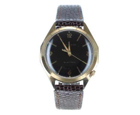Hamilton Vantage Electric gold filled gentleman's wristwatch, circa 1960s,  circular black dial with gilt quarter Arabic nume