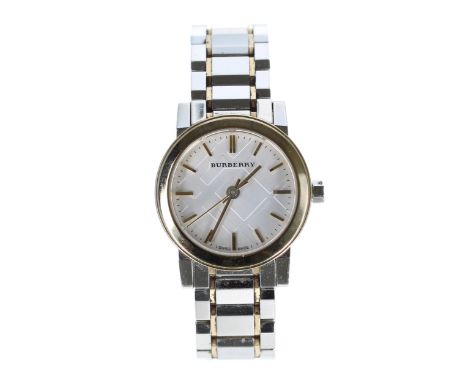 Burberry 'The City' two tone lady's wristwatch, reference no. BU9217, serial no. 501xx, silvered dial with gilt baton markers
