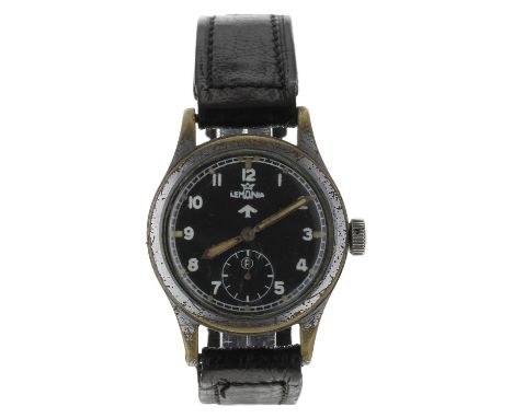 Lemania British Military issue nickel plated and stainless steel gentleman's wristwatch, circular black dial with Military ar