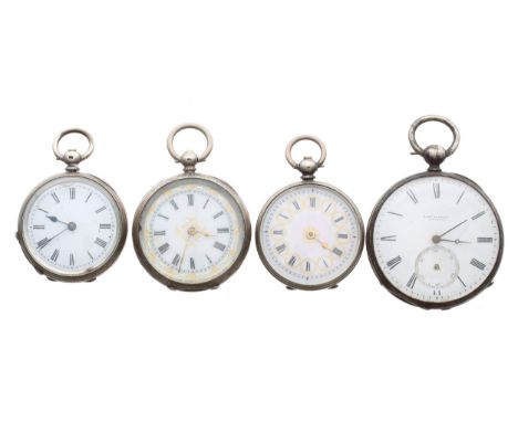 Three silver (0.800) cylinder engraved fob watches; together with a Robert Roskell, Liverpool white metal cylinder engine tur