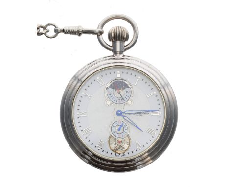 Eichmuller chrome cased lever travel pocket watch, the dial with applied Roman numerals, minute markers, subsidiary 24-hour d