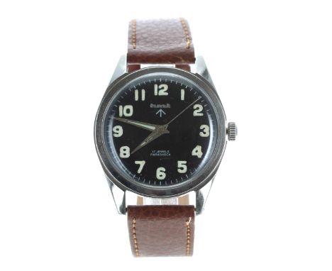 Humt British Army issue stainless steel gentleman's wristwatch, black dial with Military arrow, luminous Arabic numerals, min