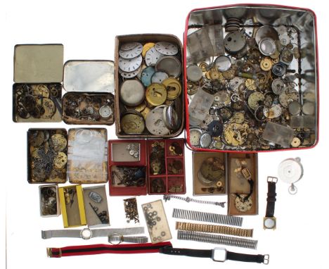 Quantity of assorted watch parts and accessories to include movement parts, fusee chain, cases, straps, bracelets, crowns, di