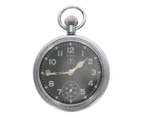 CWC British Military Royal Navy nickel cased lever pocket watch, Unitas cal. 6431 6445 17 jewel movement, black dial with cir