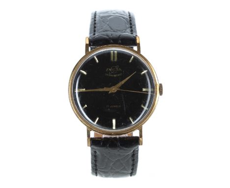 Enicar Ultrasonic gold plated and stainless steel gentleman's wristwatch, black dial with gilt baton markers and centre secon