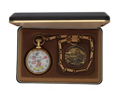 Mickey Mouse Railroad Pocket Watch Set; comprising Great American Railroads Collector's Series gold plated pocket watch with 