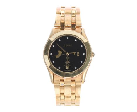 Gucci 18ct gentleman's wristwatch, reference no. 735M, case no. 04x, circa 1995, black dial with the Crest of Oman with Royal