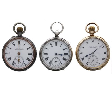 Silver cylinder engine turned pocket watch, 48mm; together with a gold plated lever pocket watch for repair, 50mm and a Moeri