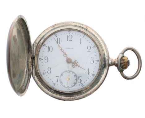 Omega silver (0.800) lever hunter pocket watch, gilt frosted movement with compensated balance and regulator, hinged cuvette,