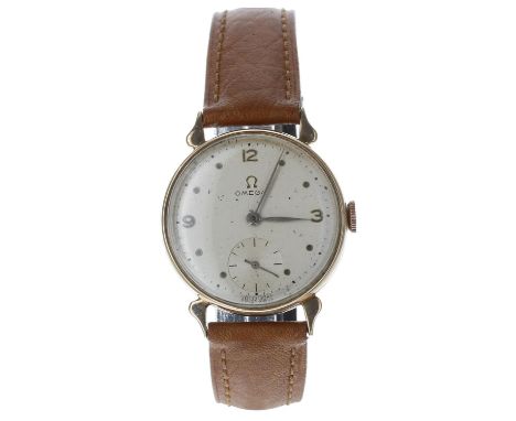 Omega 9ct gentleman's wristwatch, serial no. 12107xxx, circa 1950/51, silvered dial with Arabic quarter numerals, dot markers