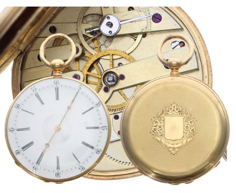 Attractive Swiss 18ct cylinder pocket watch,  gilt frosted bar movement with gilt three arm balance and regulator, hinged ins