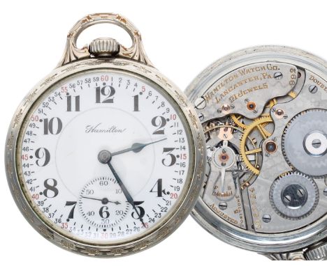 Hamilton Watch Co. 'Railroad Model' 14k white gold filled lever set pocket watch, circa 1913, signed 21 jewel adjusted 5 posi