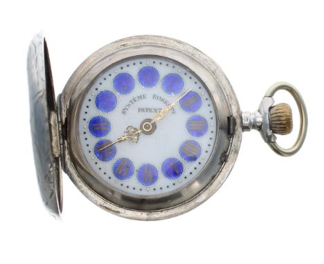 Systeme Roskopf Patent white metal lever set hunter pocket watch, signed enamel dial with applied blue enamel Roman numerals,