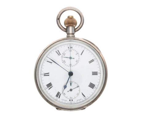 Swiss silver single push button centre seconds chronograph lever pocket watch, import hallmarks Glasgow 1919, gilt frosted mo