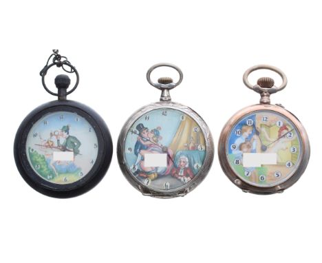 Silver (0.800) erotic automaton lever pocket watch in need of repair, 49mm; together with a silver (0.800) erotic cylinder po