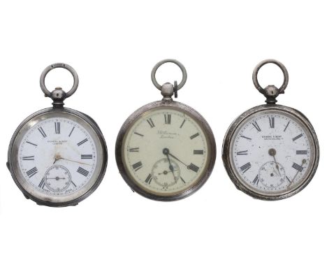 J.W. Benson 'The Ludgate Watch' silver lever pocket watch for repair, 50mm (case at fault); together with two silver (0.935) 