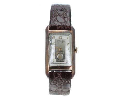 Gruen Curvex Precision 10k gold filled rectangular gentleman's wristwatch, circa 1940s, silvered rectangular dial with applie