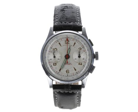 Vintage stainless steel chronograph gentleman's wristwatch, case no. 3000 5332, silvered dial with Arabic numerals, dagger ba