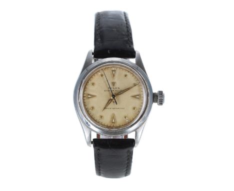 Oyster Royal stainless steel gentleman's wristwatch, Rolex patina dial with gilt hour markers, minute track and blued steel c