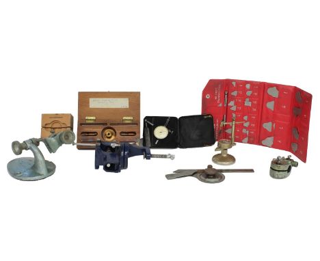 Assorted watchmaker's tools to include clamps, watch balance roller removing tool, Starrett no. S167CH radius gauges (cased),