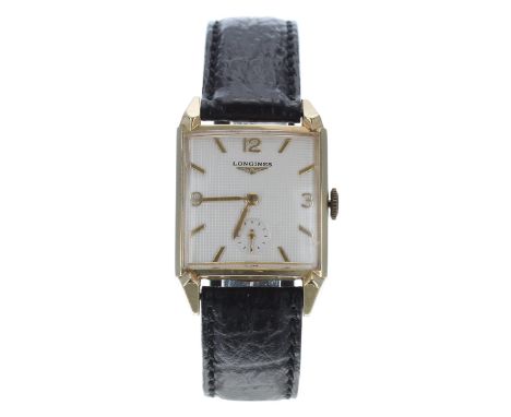 Longines 14ct squared cased gentleman's wristwatch, case no. 592xx, serial no. 8516xxx, circa 1951, square silvered textured 