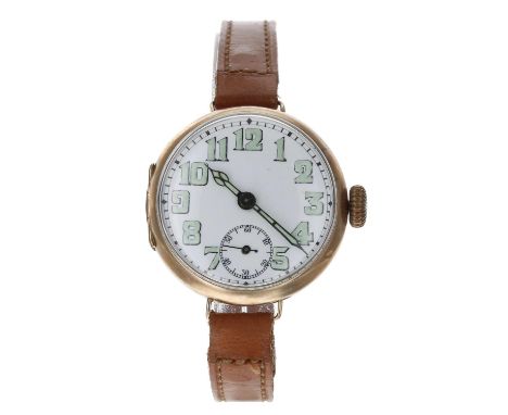 WWI period 9ct wire-lug wristwatch, import hallmarks London 1915, white enamel dial with luminous Arabic numerals, minute tra