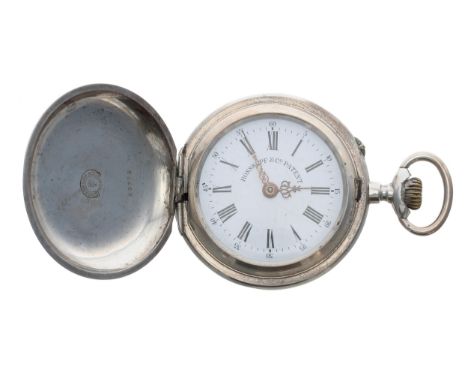 Rosskopf & Co. Patent white metal hunter lever pocket watch, signed movement, signed and inscribed hinged cuvette, signed dia