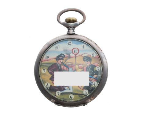 Novelty silver (0.800) erotic automaton pocket watch, lever movement no. 1234722, inscribed hinged cuvette, the dial with Ara